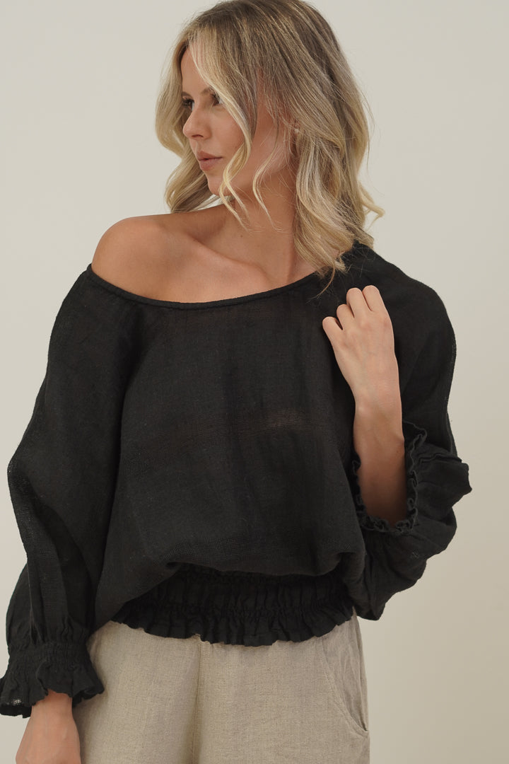 Serena Shirred Hem Top Black Combo