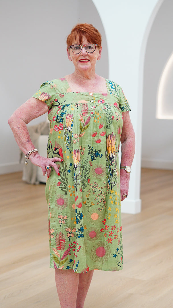 Protea Print Nightie Olive Green
