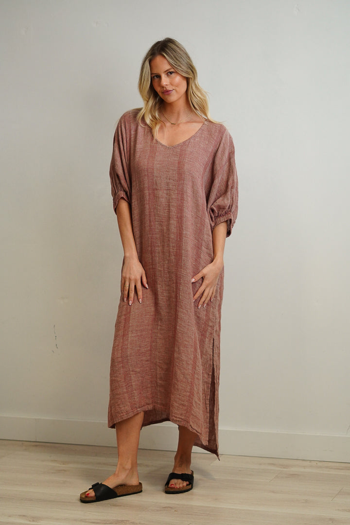 Claudia Elasticated Sleeves Kaftan Mahogany & Natural Woven