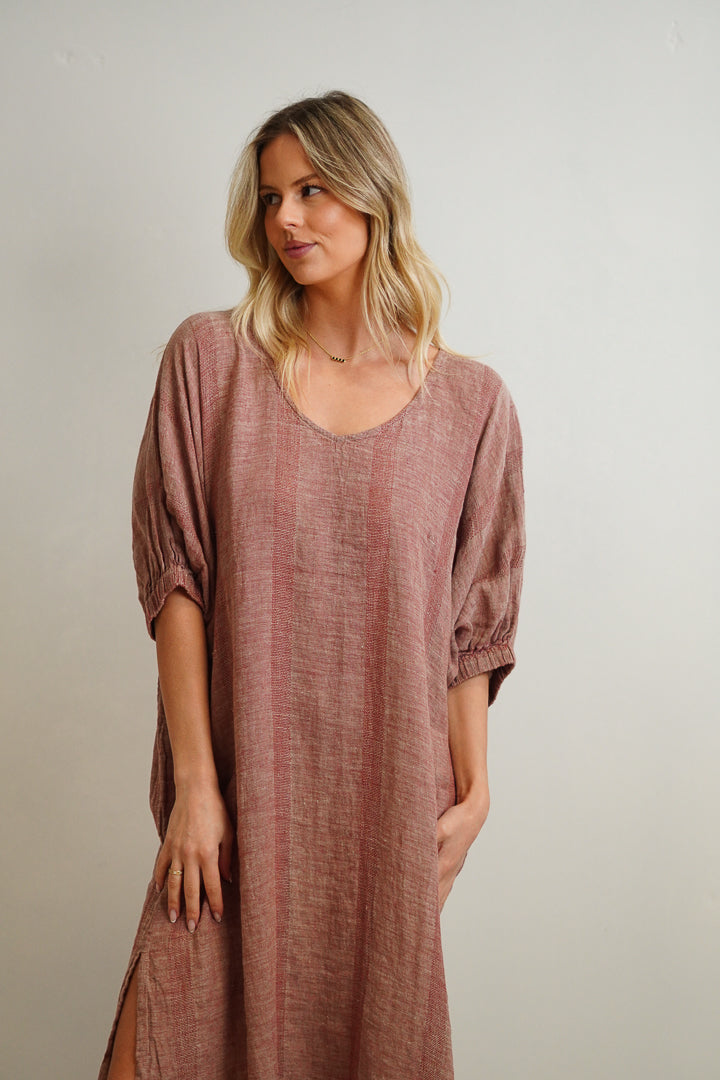 Claudia Elasticated Sleeves Kaftan Mahogany & Natural Woven