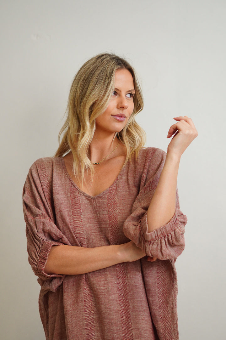 Claudia Elasticated Sleeves Kaftan Mahogany & Natural Woven