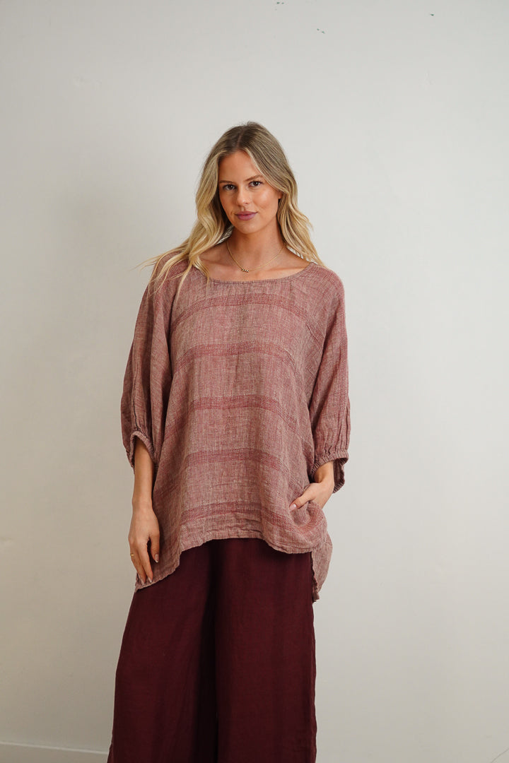 Bella Elasticated Sleeves Top Mahogany & Natural Stripes