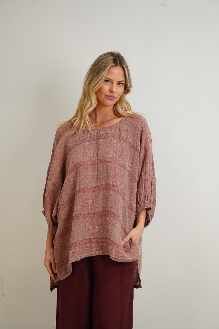 Bella Elasticated Sleeves Top Mahogany & Natural Stripes