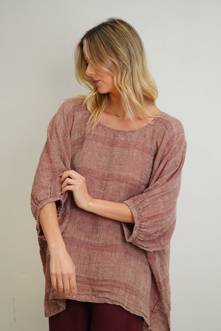 Bella Elasticated Sleeves Top Mahogany & Natural Stripes