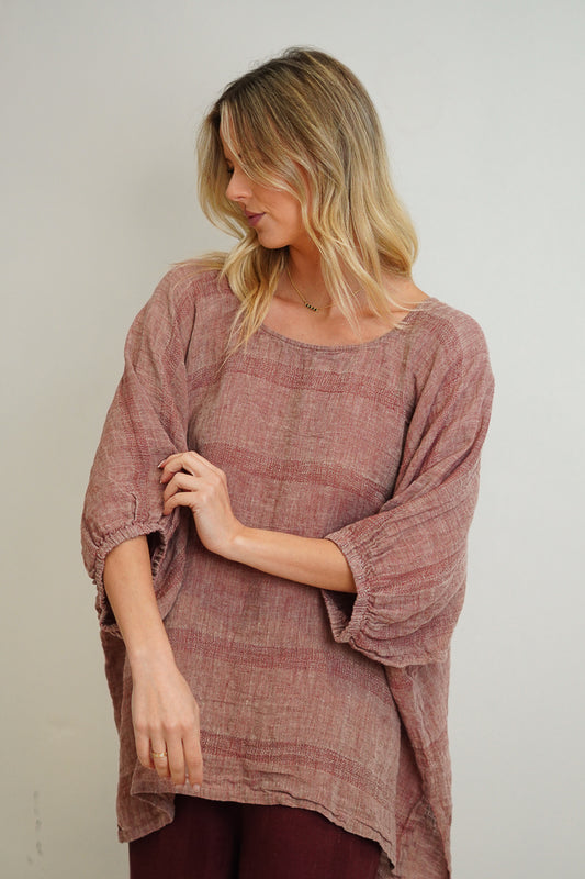 Bella Elasticated Sleeves Top Mahogany & Natural Stripes