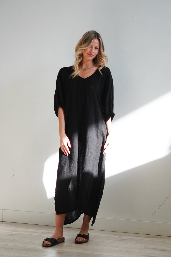 Claudia Elasticated Sleeves Kaftan Black Combo