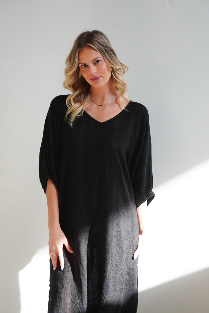 Claudia Elasticated Sleeves Kaftan Black Combo