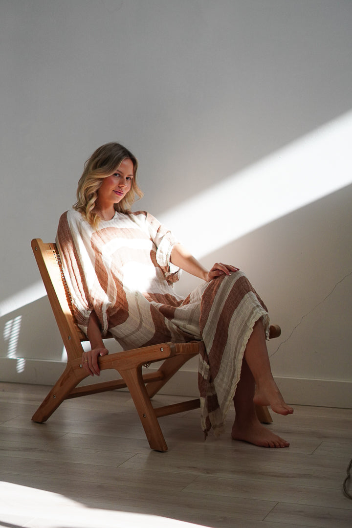Rosa Elasticated Sleeves Kaftan Rust Stripey (Large Only)