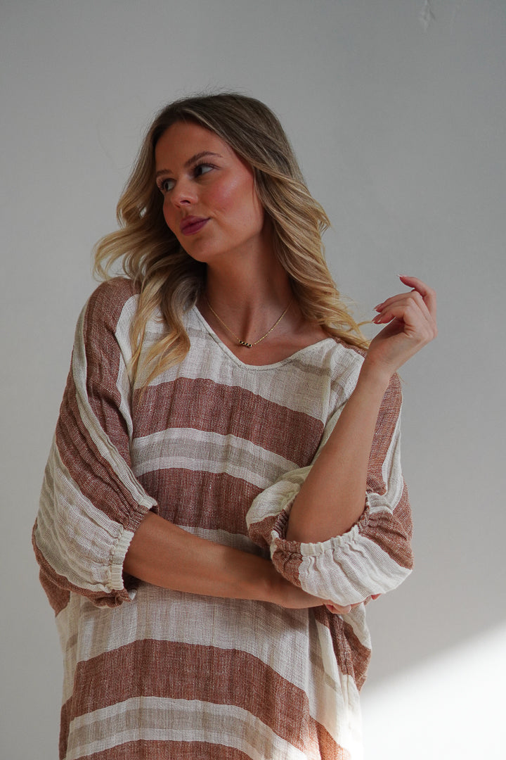 Rosa Elasticated Sleeves Kaftan Rust Stripey (Large Only)
