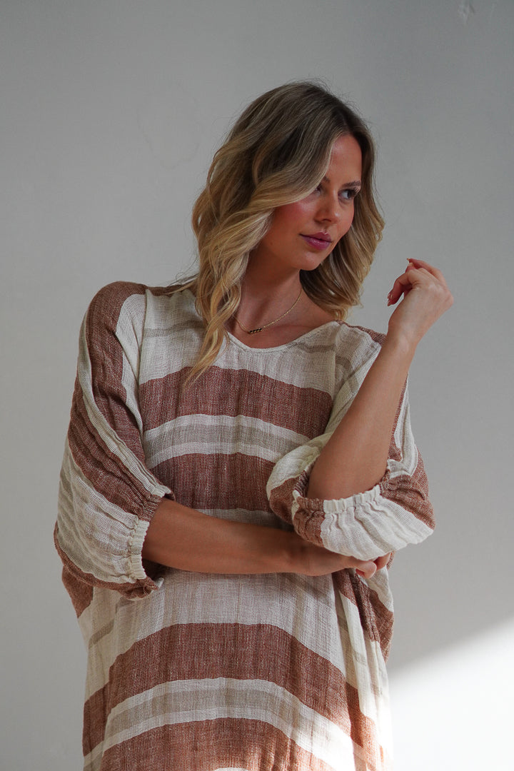 Rosa Elasticated Sleeves Kaftan Rust Stripey (Large Only)