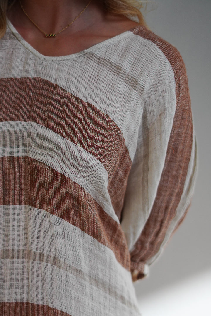 Rosa Elasticated Sleeves Kaftan Rust Stripey (Large Only)