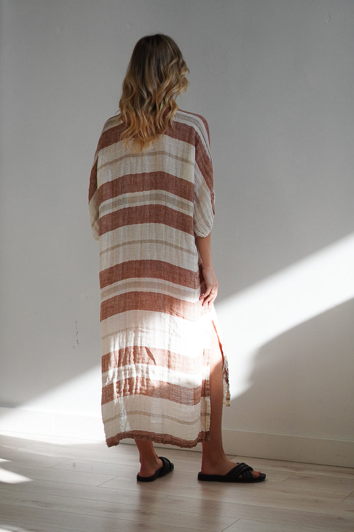 Rosa Elasticated Sleeves Kaftan Rust Stripey (Large Only)