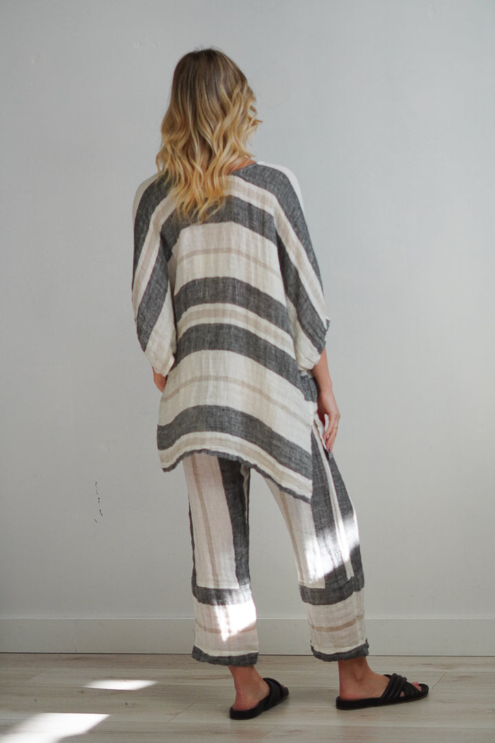 Bella Elasticated Sleeves Top Black Stripey