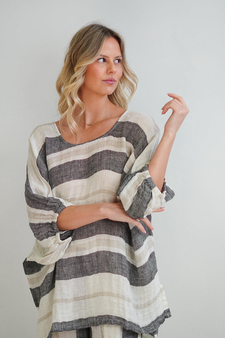 Bella Elasticated Sleeves Top Black Stripey