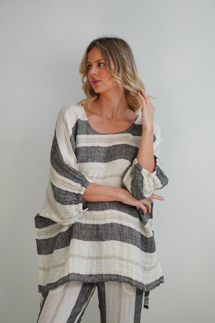 Bella Elasticated Sleeves Top Black Stripey