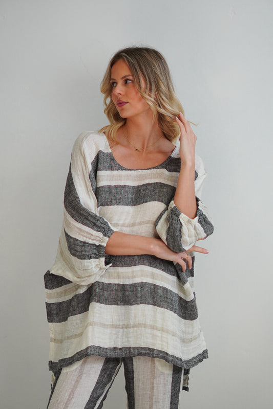 Bella Elasticated Sleeves Top Black Stripey