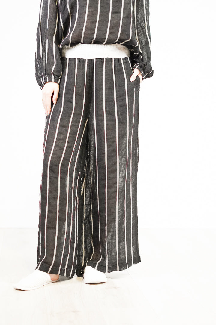 Mia Linen Pants Black Velvet Stripe Gauze