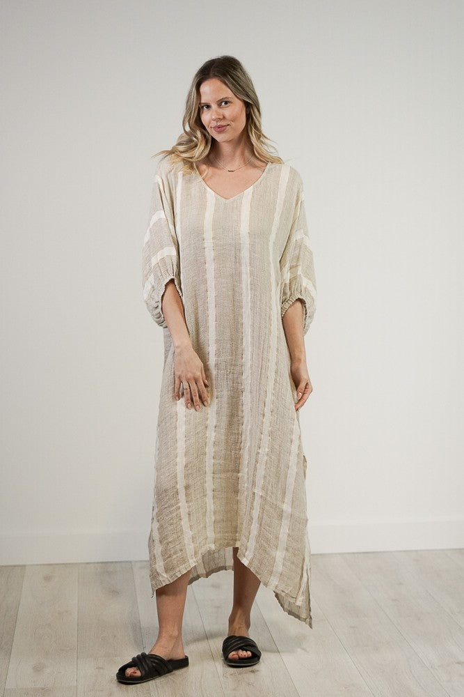 Rosa Elasticated Sleeves Kaftan Natural White W Gold Strand