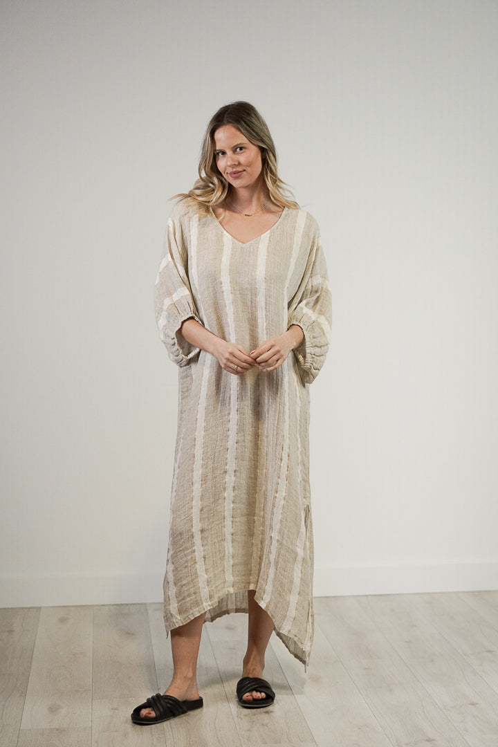 Rosa Elasticated Sleeves Kaftan Natural White W Gold Strand