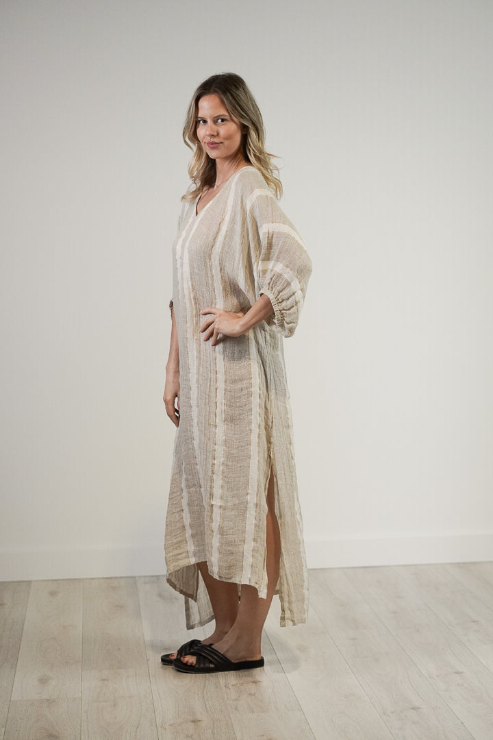 Rosa Elasticated Sleeves Kaftan Natural White W Gold Strand
