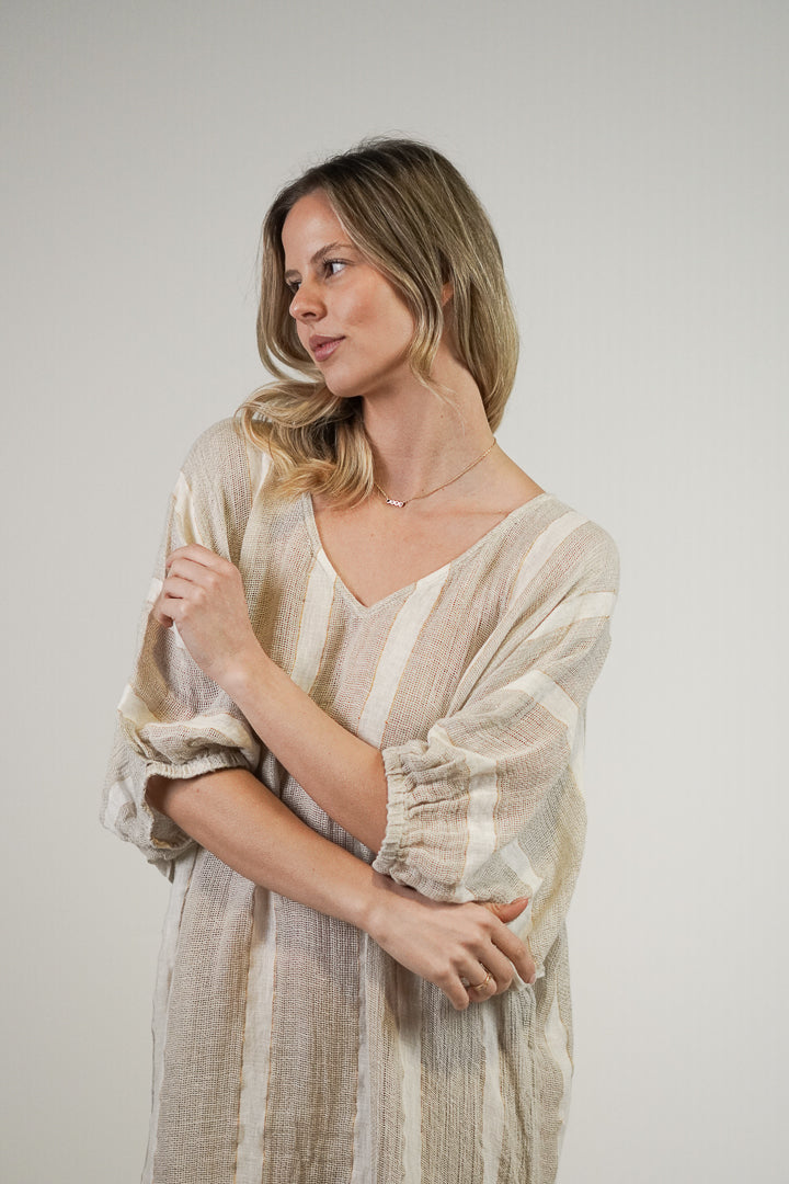 Rosa Elasticated Sleeves Kaftan Natural White W Gold Strand