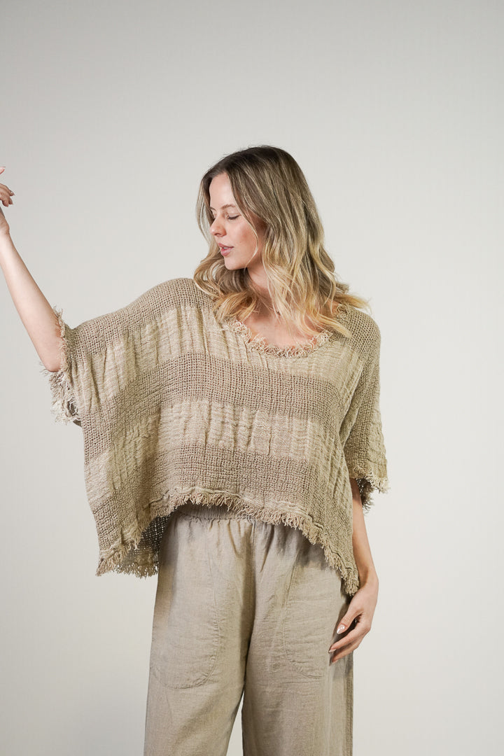 Sarita Linen Top Natural & White Ombre
