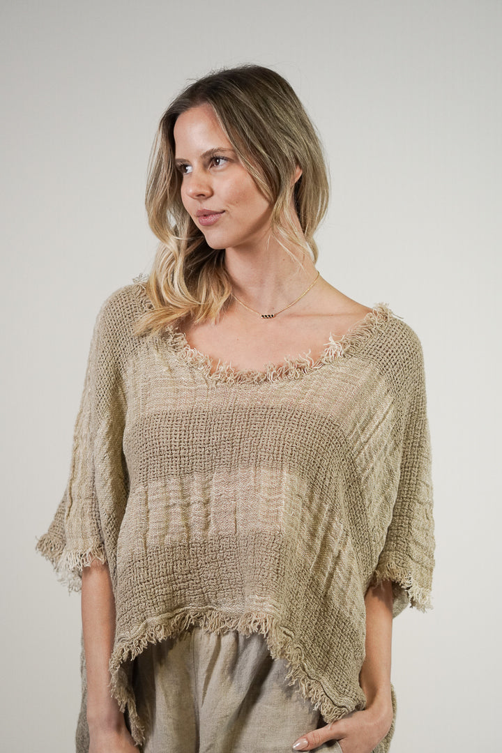 Sarita Linen Top Natural & White Ombre