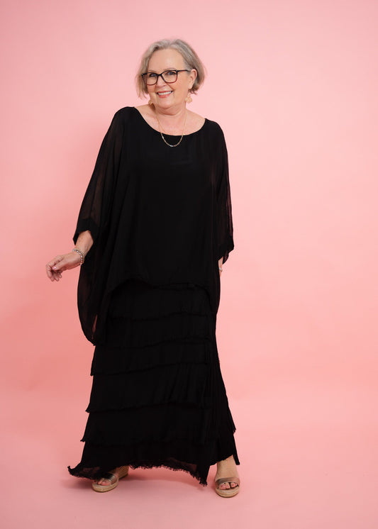 Catherine Frayed Silk Skirt | Black