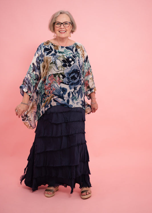 Catherine Frayed Silk Skirt | Navy