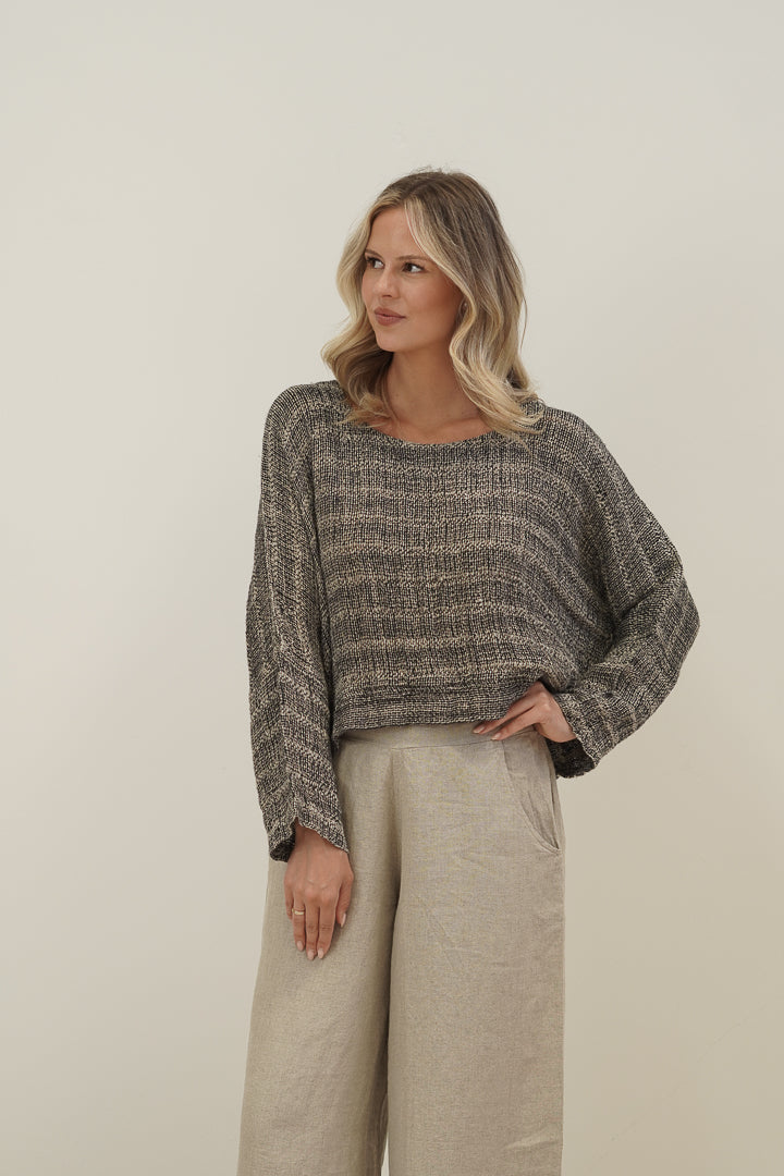 Elena Crop Top Natural & Black Woven Spaced