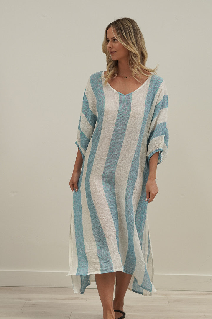 Rosa Elasticated Sleeves Kaftan Coastal Sky Stripes