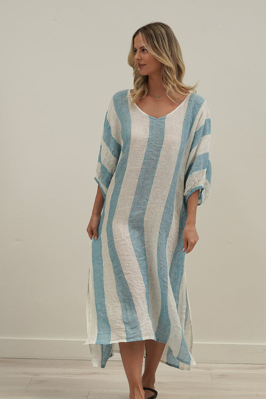 Rosa Elasticated Sleeves Kaftan Coastal Sky Stripes