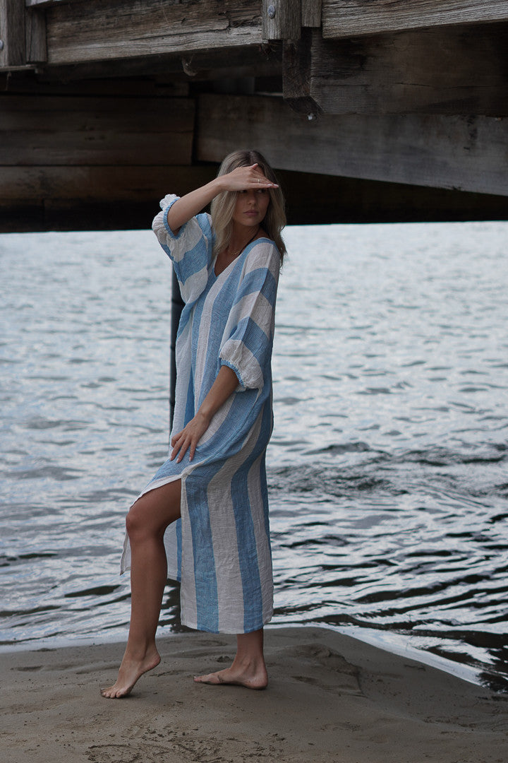 Rosa Elasticated Sleeves Kaftan Coastal Sky Stripes