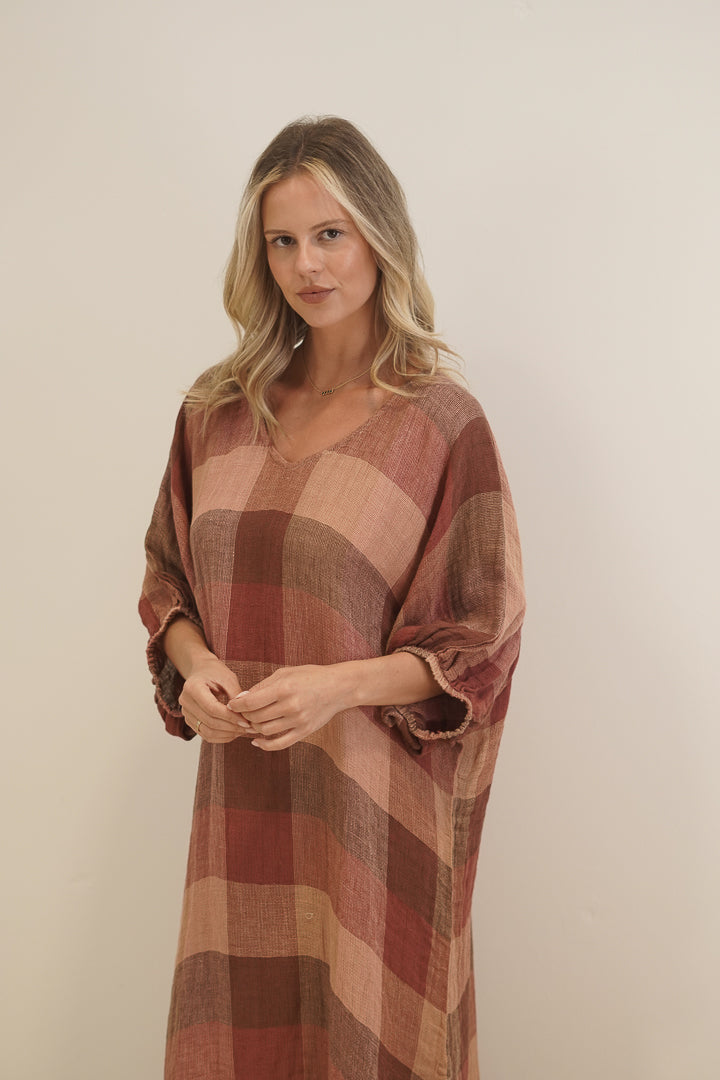 Rosa Elasticated Sleeves Kaftan Cameo Brown Combo
