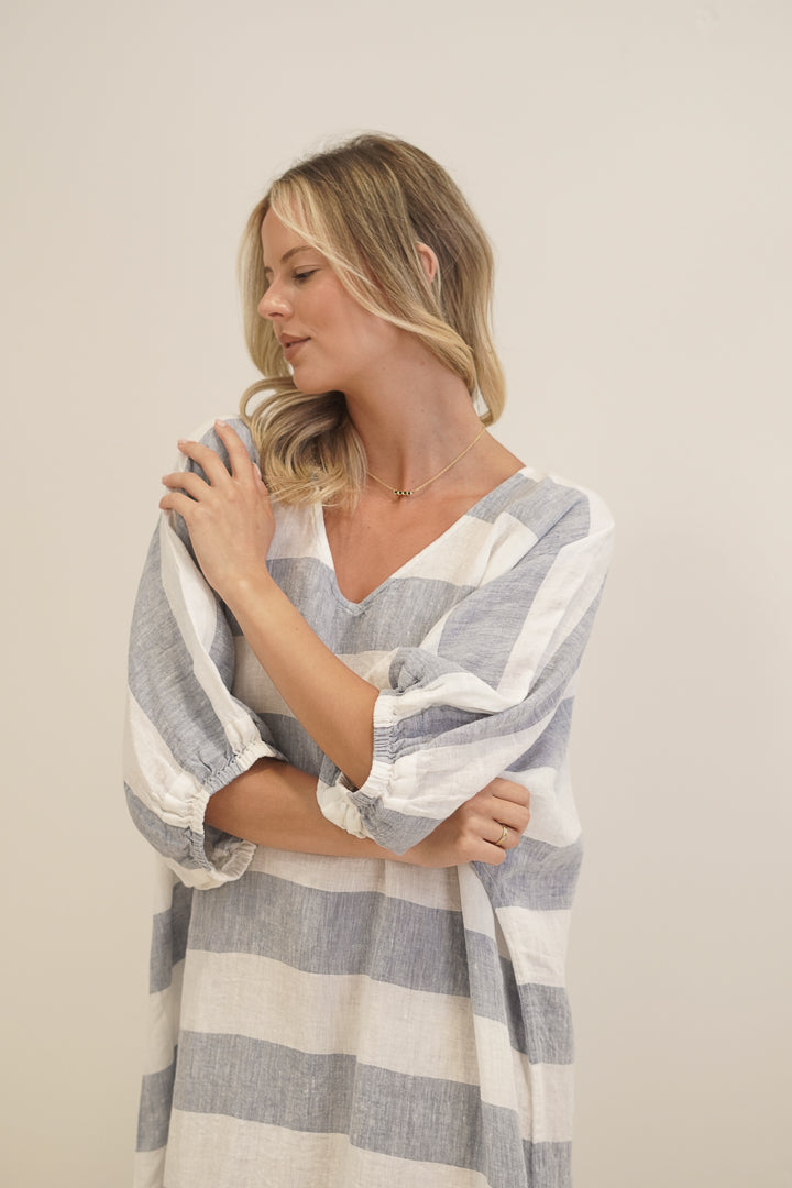 Rosa Elasticated Sleeves Kaftan Corn Blue Stripes