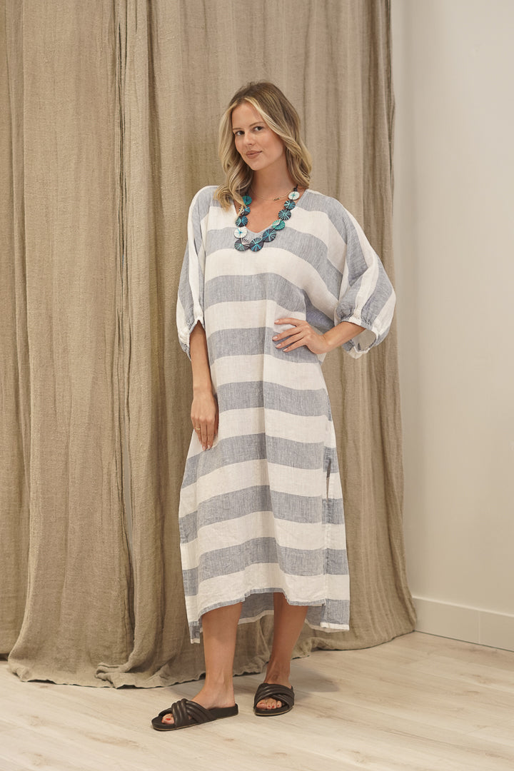 Rosa Elasticated Sleeves Kaftan Corn Blue Stripes