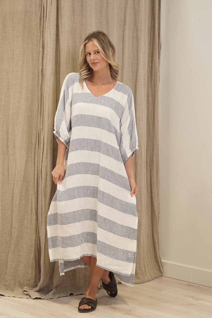 Rosa Elasticated Sleeves Kaftan Corn Blue Stripes