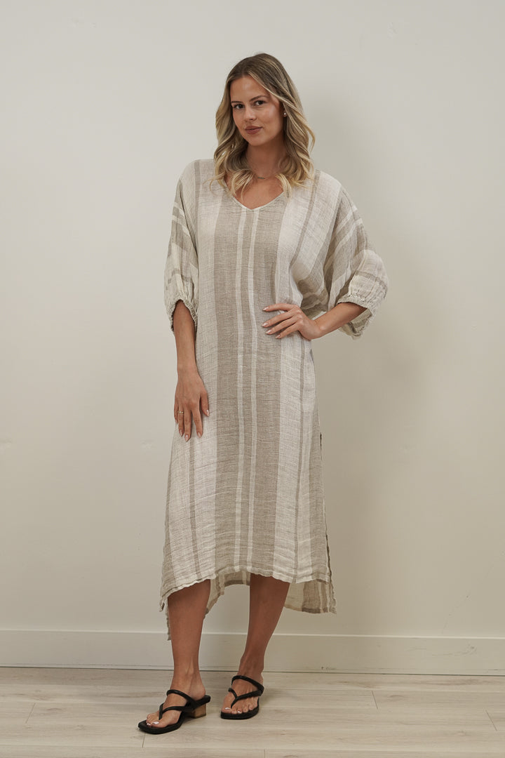 Rosa Elasticated Sleeves Kaftan Natural Stripey