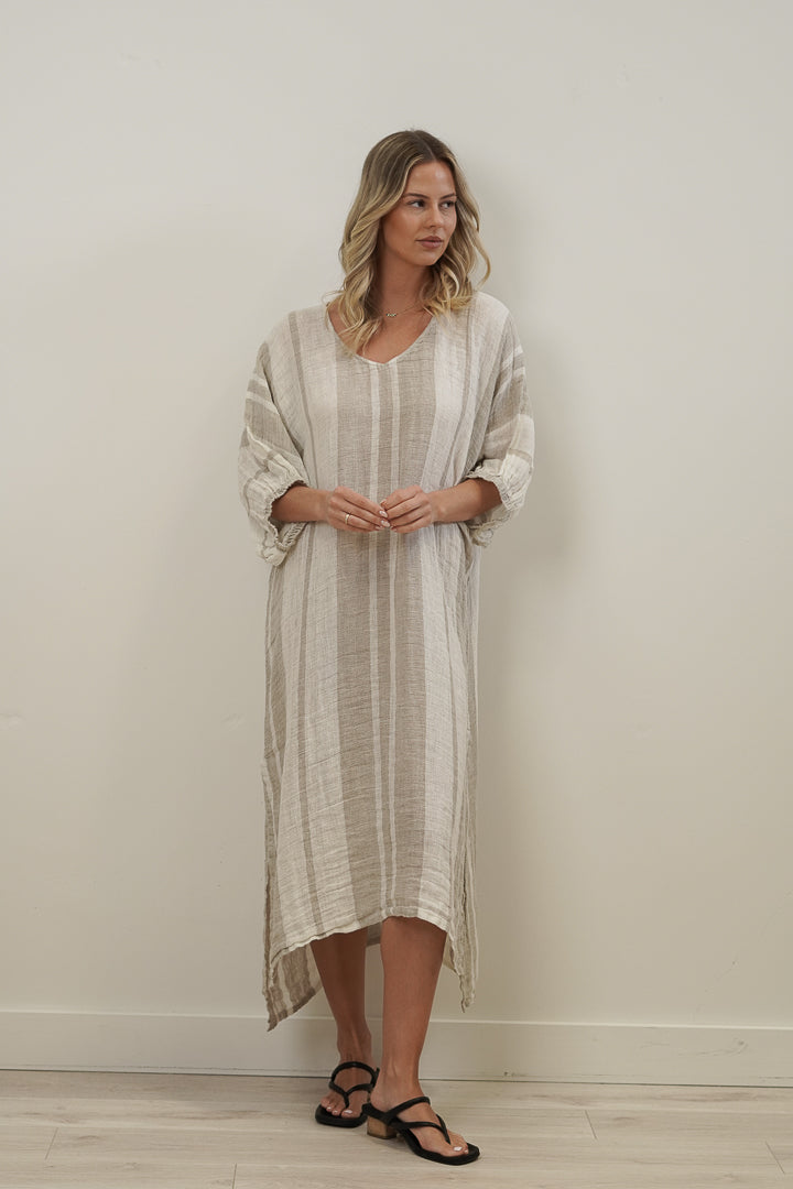 Rosa Elasticated Sleeves Kaftan Natural Stripey