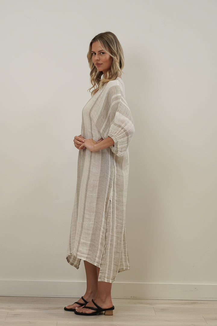 Rosa Elasticated Sleeves Kaftan Natural Stripey