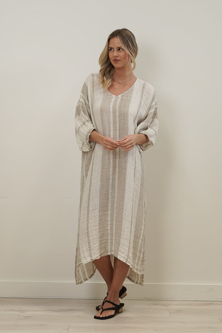Rosa Elasticated Sleeves Kaftan Natural Stripey