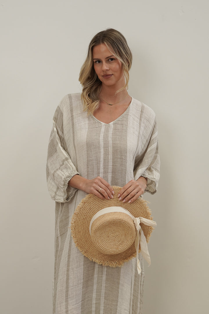 Rosa Elasticated Sleeves Kaftan Natural Stripey