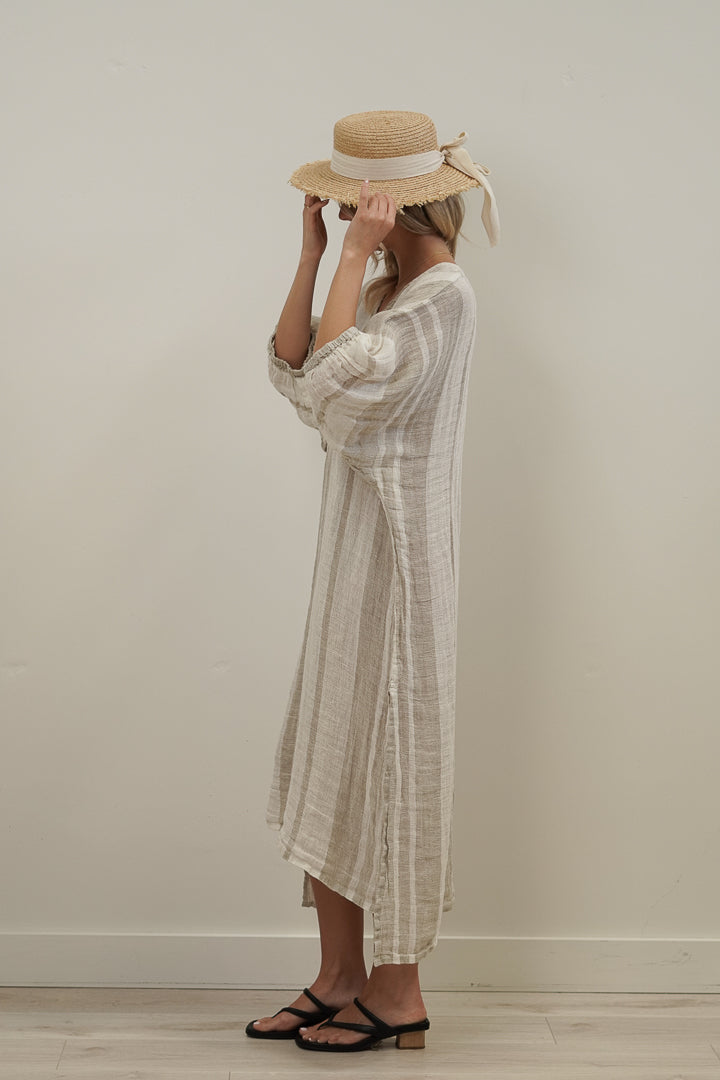 Rosa Elasticated Sleeves Kaftan Natural Stripey