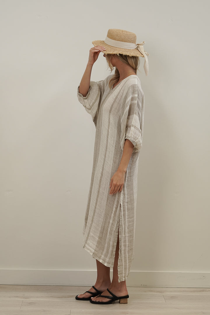 Rosa Elasticated Sleeves Kaftan Natural Stripey