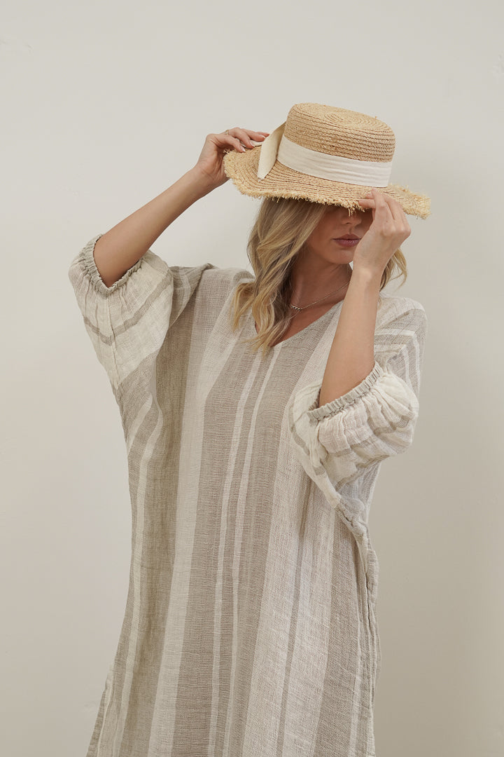 Rosa Elasticated Sleeves Kaftan Natural Stripey
