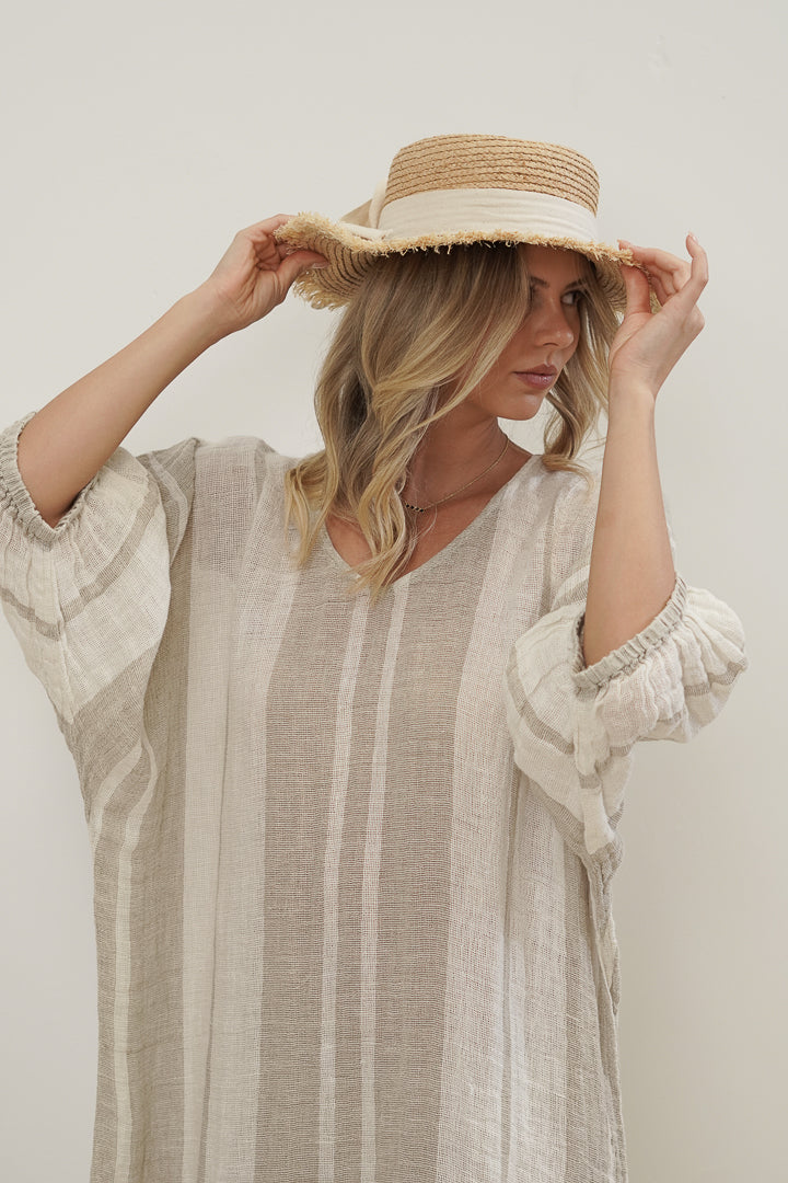 Rosa Elasticated Sleeves Kaftan Natural Stripey