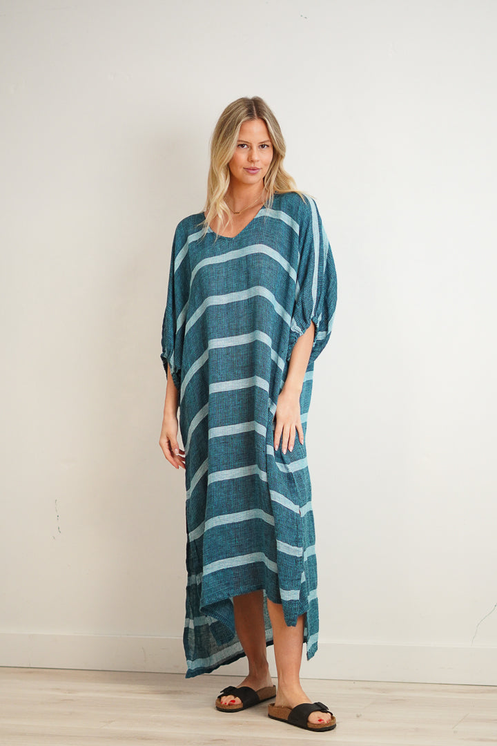 Rosa Elasticated Sleeves Kaftan Gemstone Blue Stripe Woven