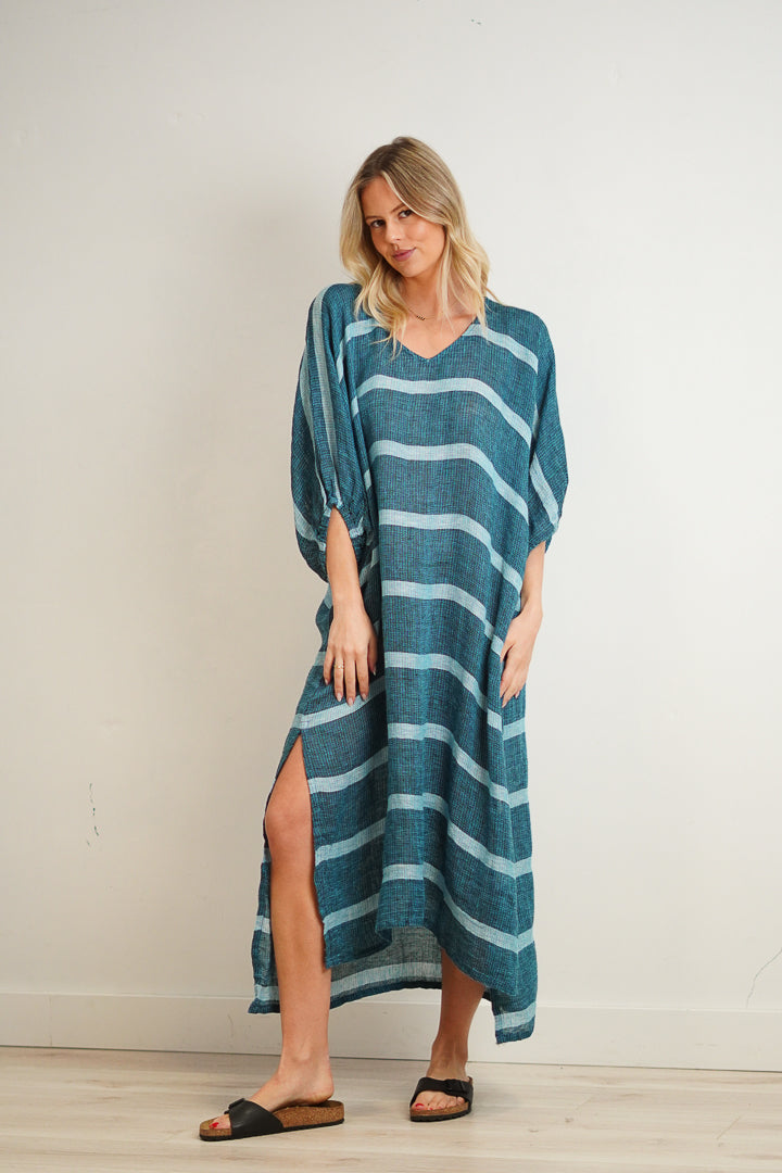 Rosa Elasticated Sleeves Kaftan Gemstone Blue Stripe Woven