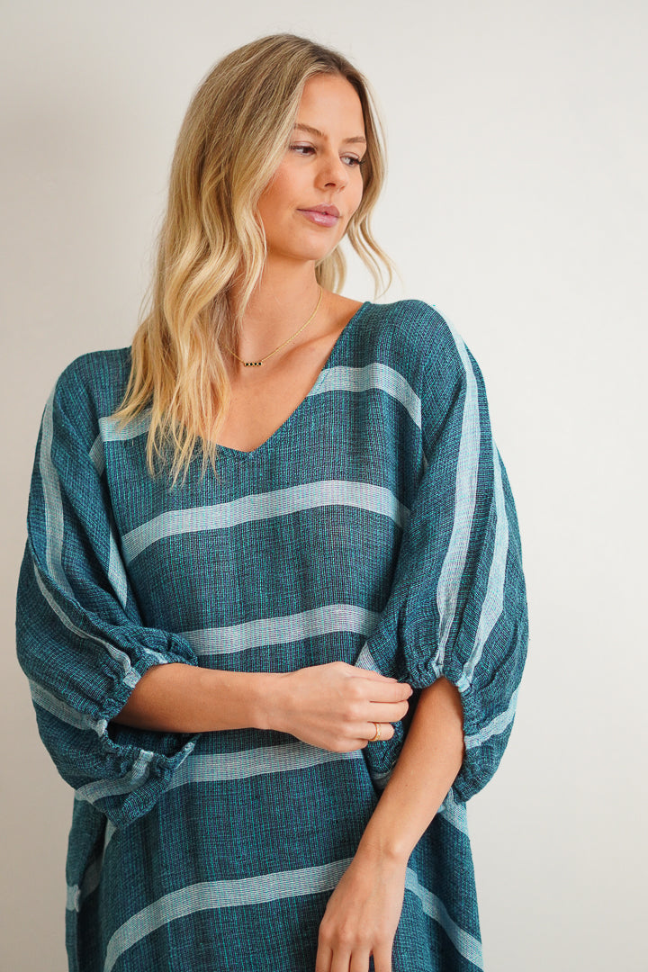 Rosa Elasticated Sleeves Kaftan Gemstone Blue Stripe Woven