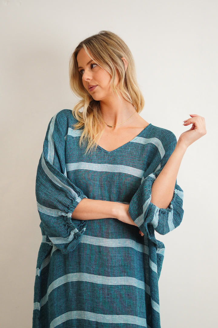 Rosa Elasticated Sleeves Kaftan Gemstone Blue Stripe Woven
